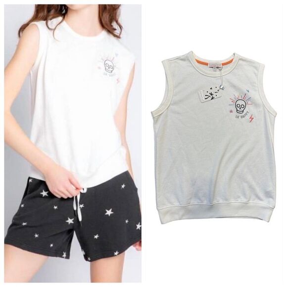 PJ Salvage Embroidered Doodle Be Happy Cotton Muscle Shirt Size Extra Small NWT - Picture 1 of 9